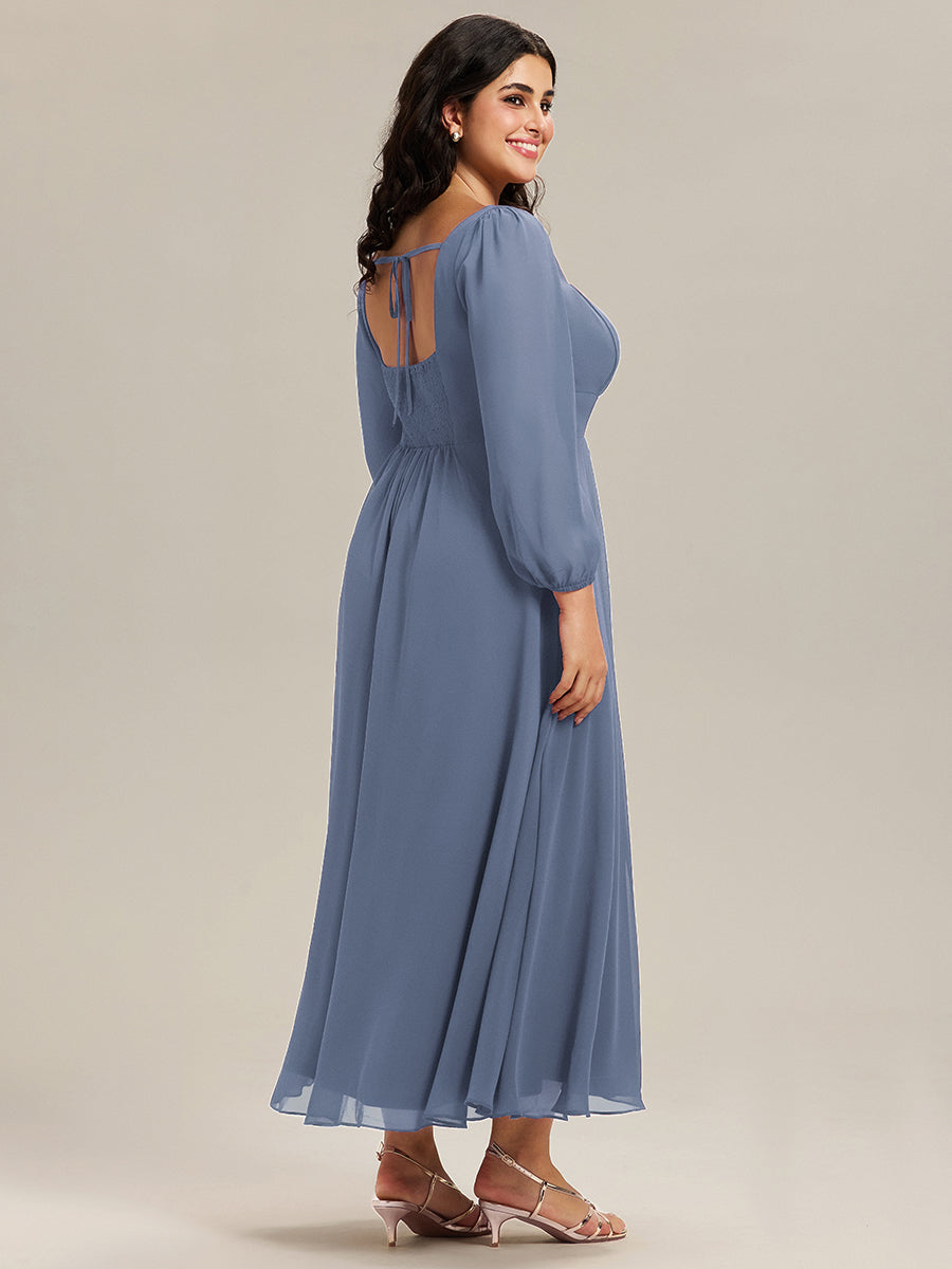 Color=Dusty Blue | Volume Discounts Long Sleeve Ruched A-Line Maxi Dress with Square Neck | Bridesmaid Dresses-Dusty Blue 27