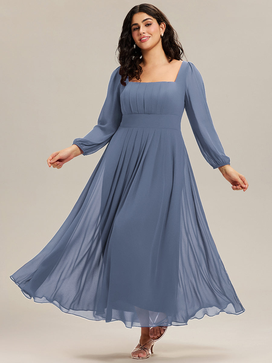 Color=Dusty Blue | Volume Discounts Long Sleeve Ruched A-Line Maxi Dress with Square Neck | Bridesmaid Dresses-Dusty Blue 29