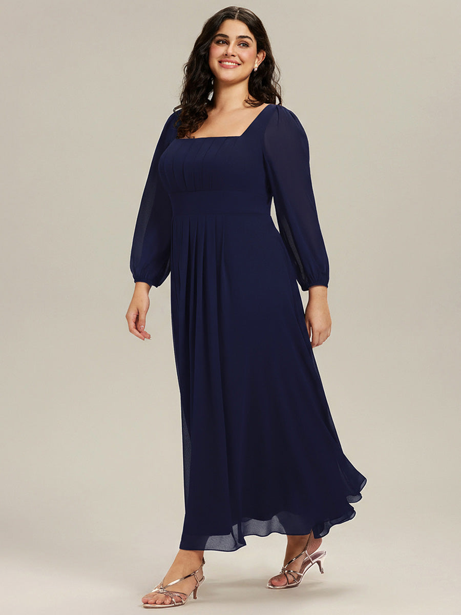 Color=Navy Blue | Wholesale Pricing Long Sleeve Ruched A-Line Maxi Dress with Square Neck | Bridesmaid Dresses-Navy Blue 10