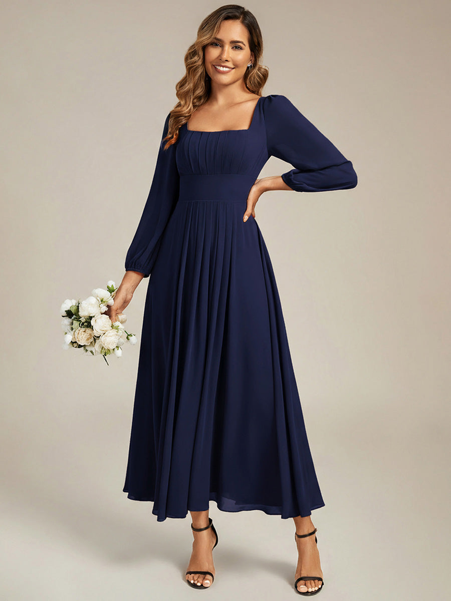 Color=Navy Blue | Wholesale Pricing Long Sleeve Ruched A-Line Maxi Dress with Square Neck | Bridesmaid Dresses-Navy Blue 5