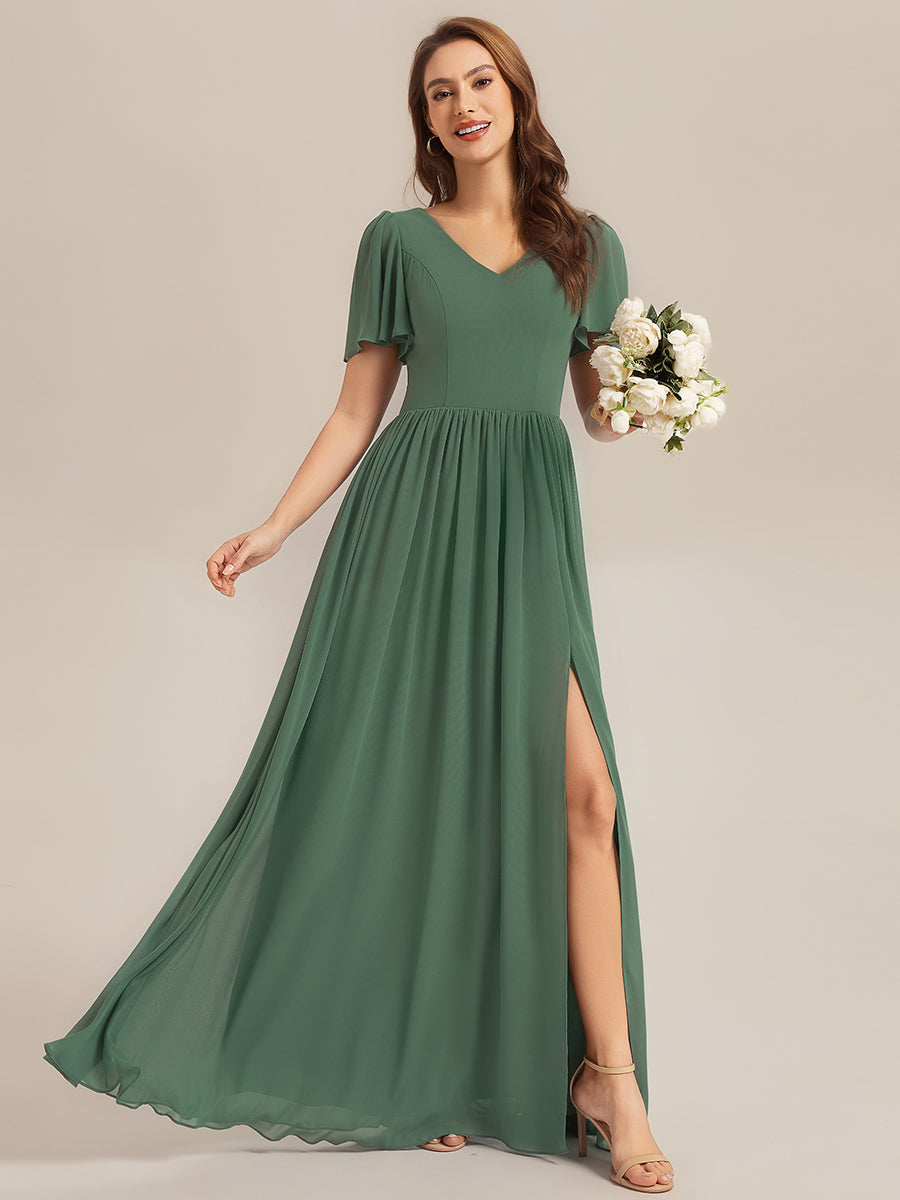Color=Eucalyptus | Factory Design Short Sleeve V-Neck Backless A-Line Floor Length Bridesmaid Dresses-Eucalyptus 1
