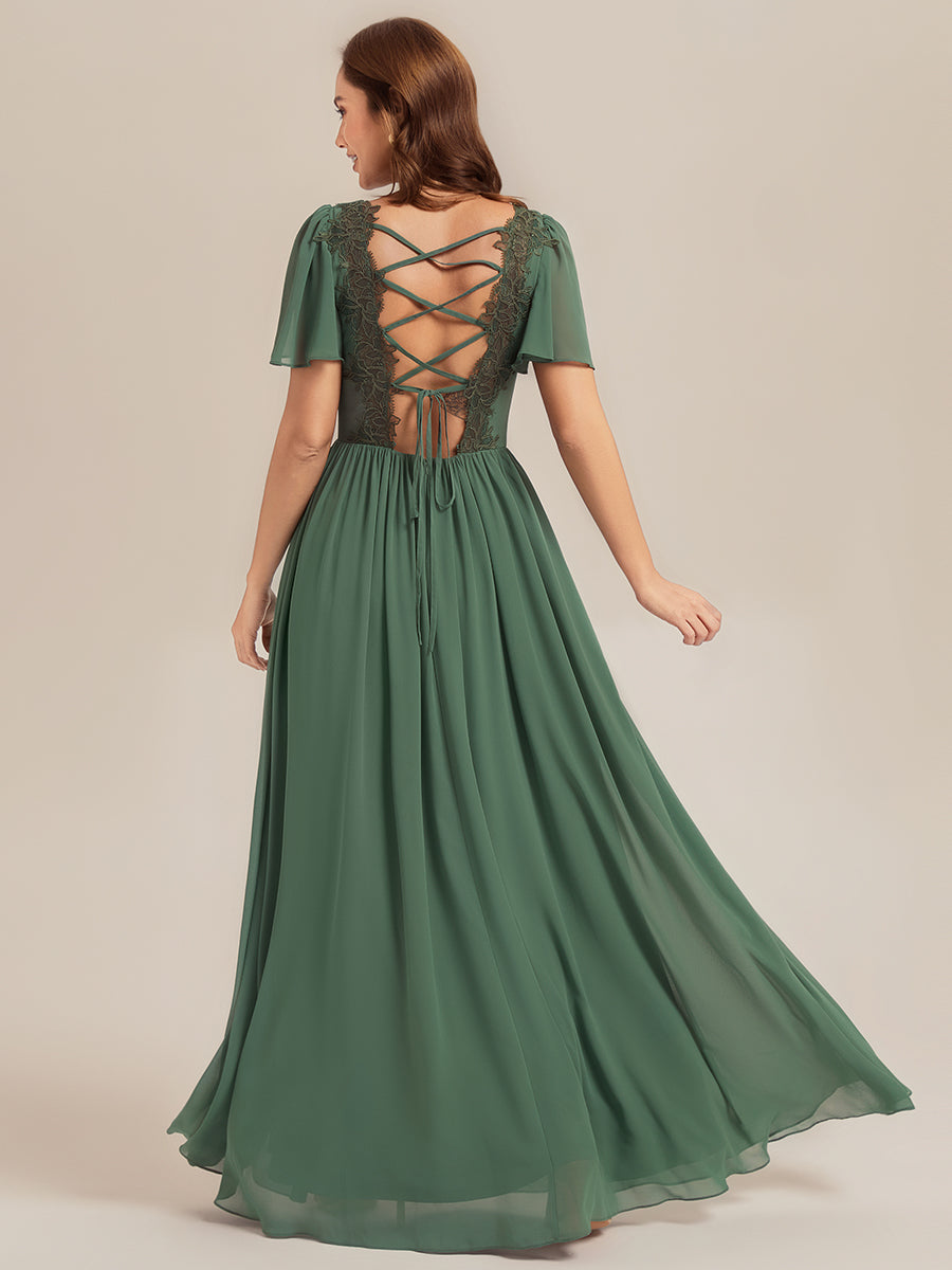 Color=Eucalyptus | Factory Design Short Sleeve V-Neck Backless A-Line Floor Length Bridesmaid Dresses-Eucalyptus 2