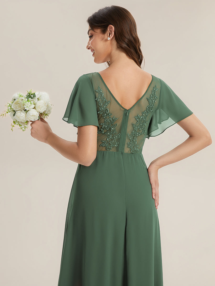 Color=Eucalyptus | B2B-Exclusive Short Sleeve V-Neck A-Line Floor Length Dress with Thigh-High Slit, Bridesmaid Dresses-Eucalyptus 3