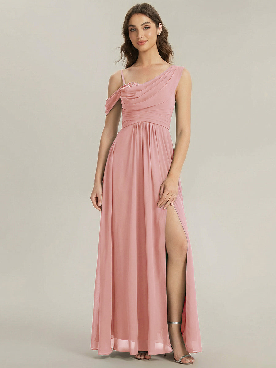Color=Dusty Rose | Wholesale Short Sleeves Asymmetrical Sequin A-Line Floor Length Bridesmaid Dresses-Dusty Rose 1