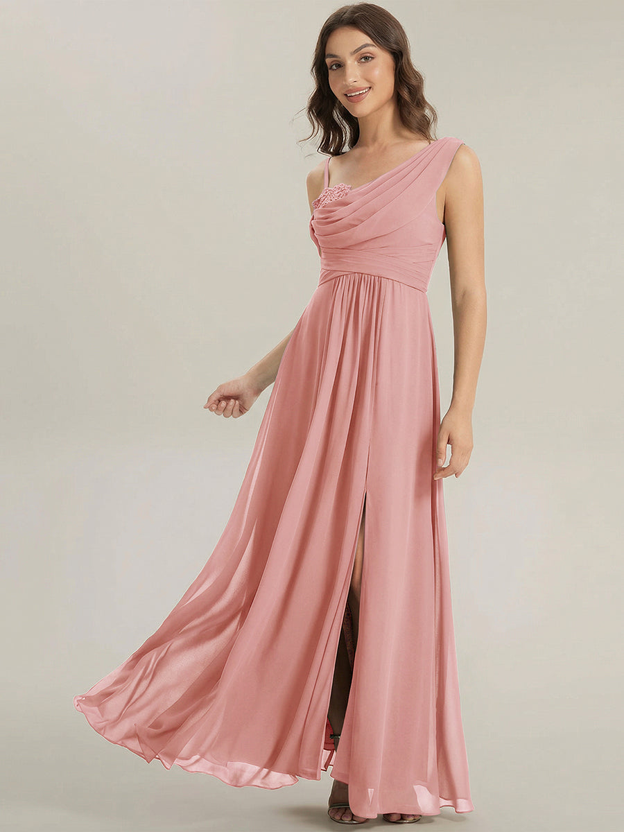 Color=Dusty Rose | Wholesale Short Sleeves Asymmetrical Sequin A-Line Floor Length Bridesmaid Dresses-Dusty Rose 4