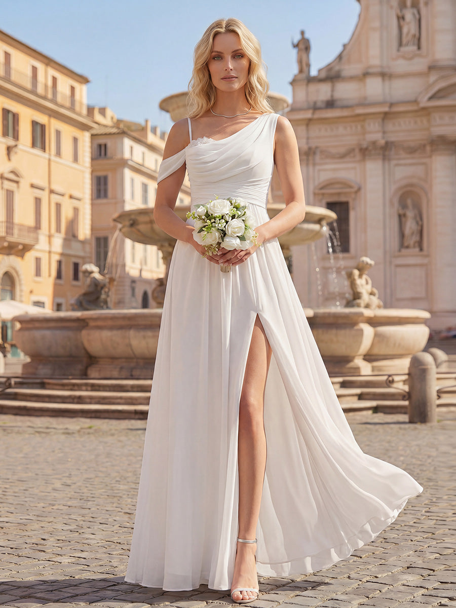 Color=White | Wholesale Short Sleeves Asymmetrical Sequin A-Line Floor Length Bridesmaid Dresses-White 8