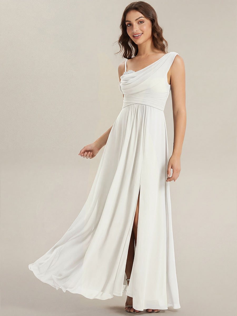 Color=White | B2B-Exclusive Short Sleeve Asymmetrical Sequin A-Line Maxi Bridesmaid Dresses-White 29