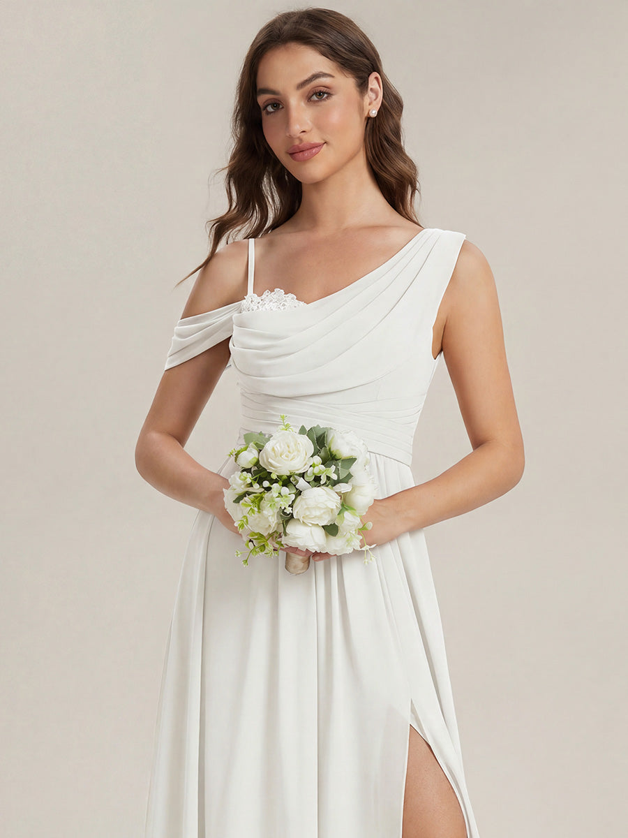 Color=White | B2B-Exclusive Short Sleeve Asymmetrical Sequin A-Line Maxi Bridesmaid Dresses-White 28