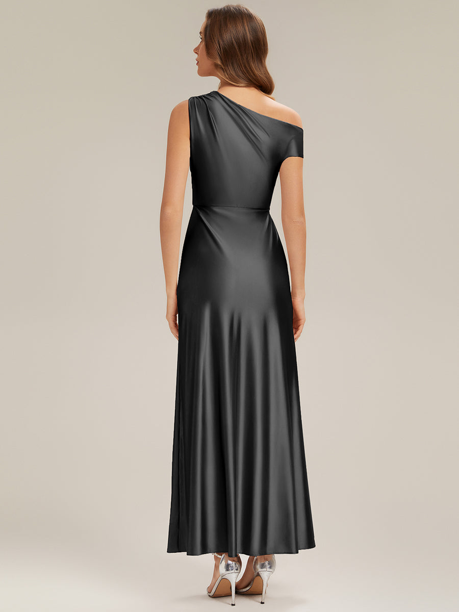 Color=Black | B2B-Exclusive Short Sleeve One Shoulder High Stretch Sheath Maxi Bridesmaid Dresses-Black 2