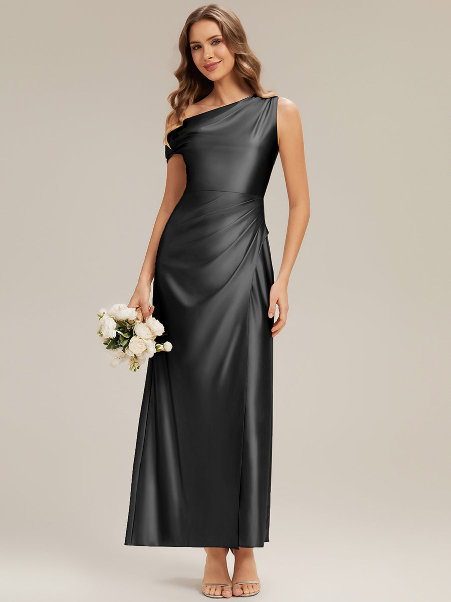 Color=Black | B2B-Exclusive Short Sleeve One Shoulder High Stretch Sheath Maxi Bridesmaid Dresses-Black 5