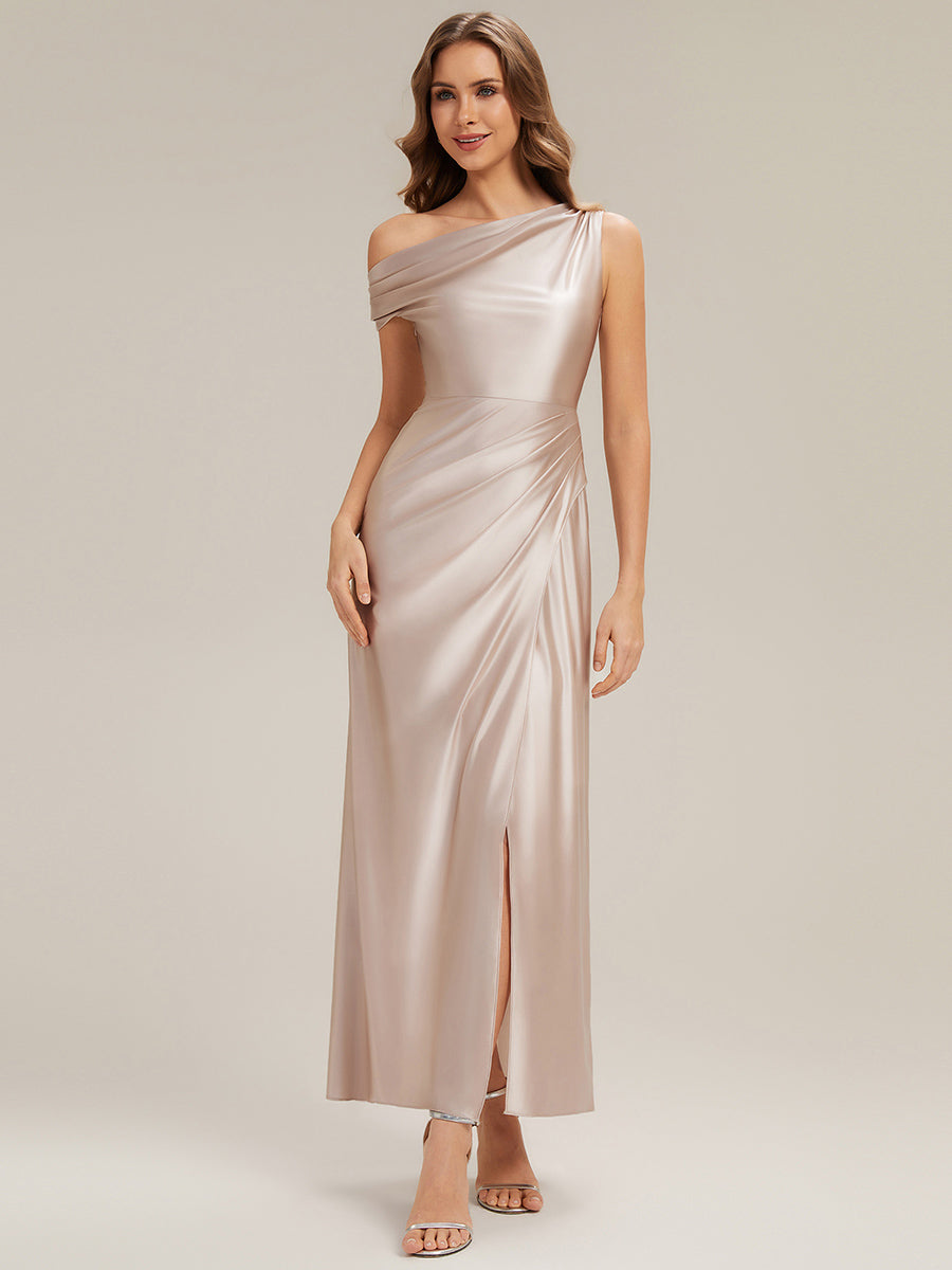 Color=Champagne | B2B-Exclusive Short Sleeve Asymmetrical High Stretch Sheath Dress with Thigh-High Slit Bridesmaid Dresses-Champagne 1