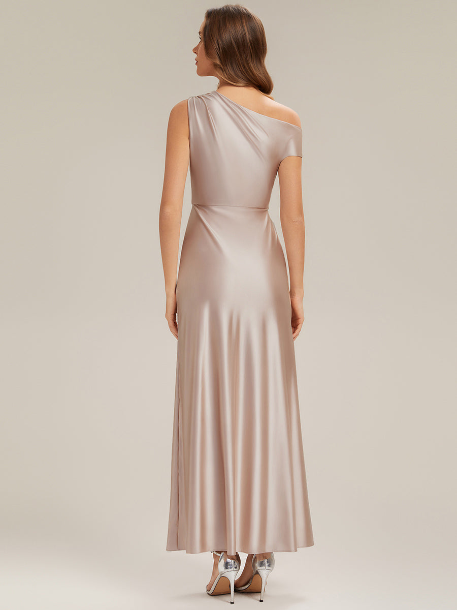 Color=Champagne | B2B-Exclusive Short Sleeve Asymmetrical High Stretch Sheath Dress with Thigh-High Slit Bridesmaid Dresses-Champagne 2