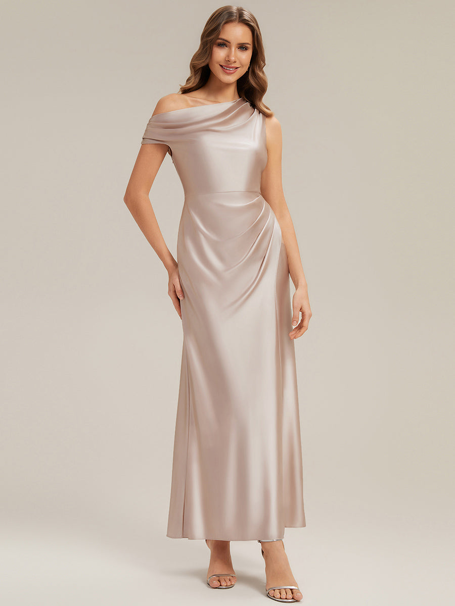 Color=Champagne | B2B-Exclusive Short Sleeve Asymmetrical High Stretch Sheath Dress with Thigh-High Slit Bridesmaid Dresses-Champagne 4