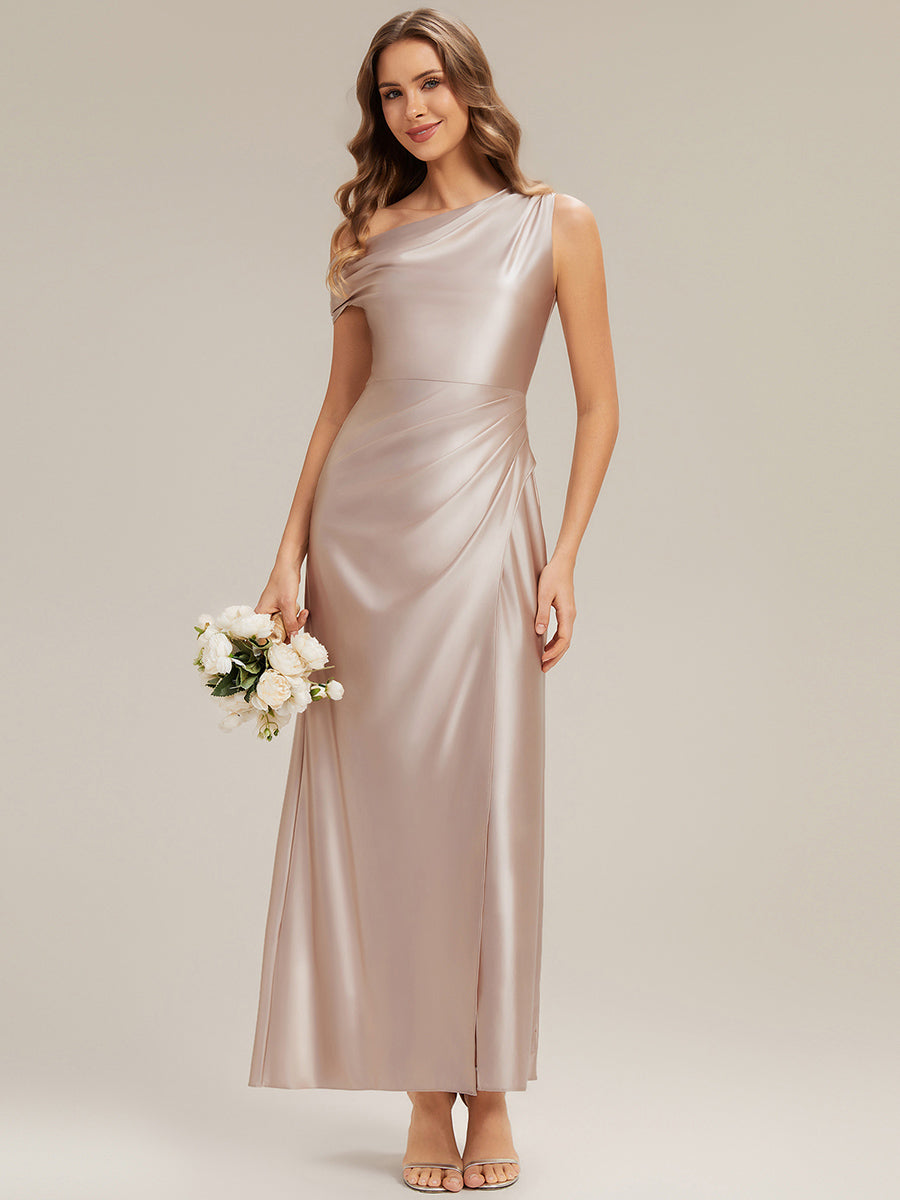 Color=Champagne | B2B-Exclusive Short Sleeve Asymmetrical High Stretch Sheath Dress with Thigh-High Slit Bridesmaid Dresses-Champagne 5