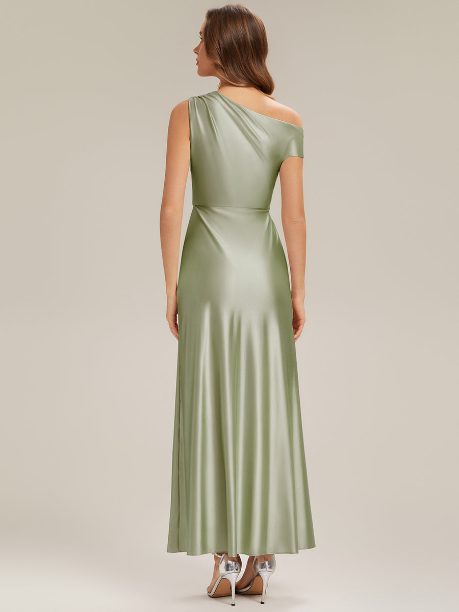 Color=Sage Green | Wholesale Short Sleeve Asymmetrical High Stretch Sheath Dress with Thigh-High Slit Bridesmaid Dresses-Sage Green 2