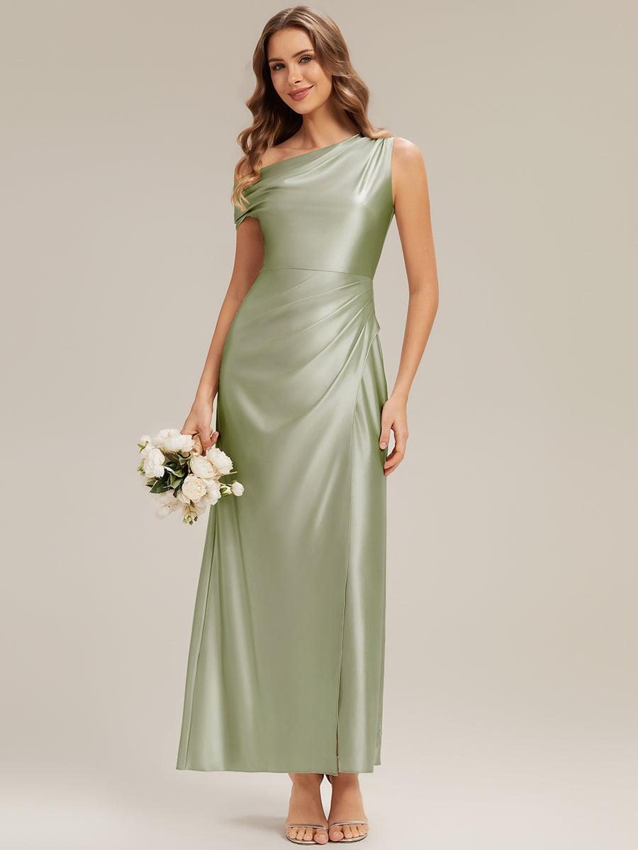 Color=Sage Green | Wholesale Short Sleeve Asymmetrical High Stretch Sheath Dress with Thigh-High Slit Bridesmaid Dresses-Sage Green 5