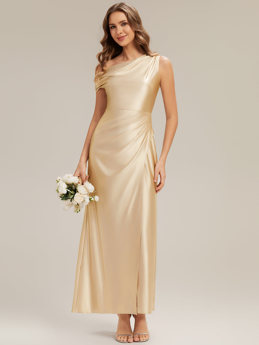 Color=Yellow | Wholesale Short Sleeve Asymmetrical High Stretch Sheath Dress with Thigh-High Slit Bridesmaid Dresses-Yellow 10