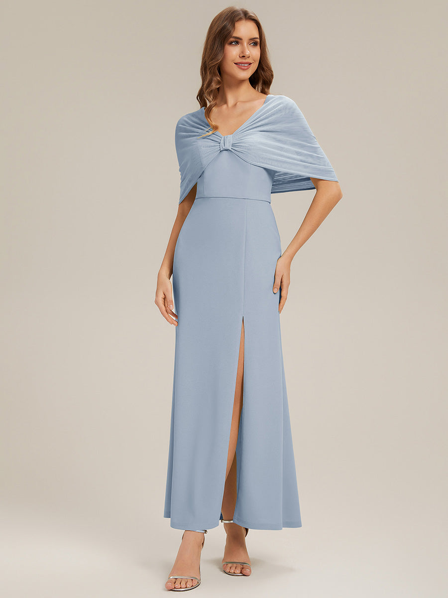 Color=Ice Blue | Bulk Order Short Sleeve High Stretch Sheath Strapless Floor Length Dress with Slit & Bowknot Bridesmaid Dresses-Ice Blue 1