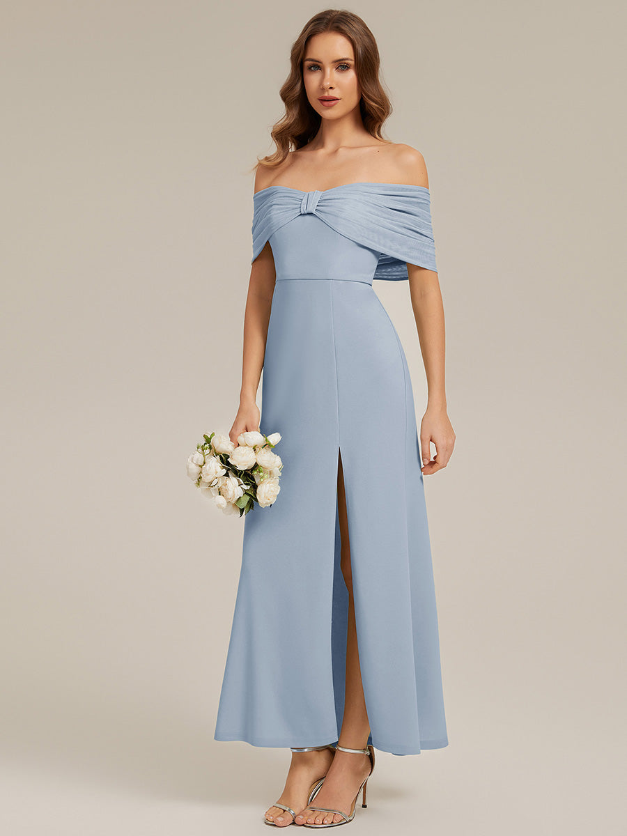 Color=Ice Blue | Bulk Order Short Sleeve High Stretch Sheath Strapless Floor Length Dress with Slit & Bowknot Bridesmaid Dresses-Ice Blue 4