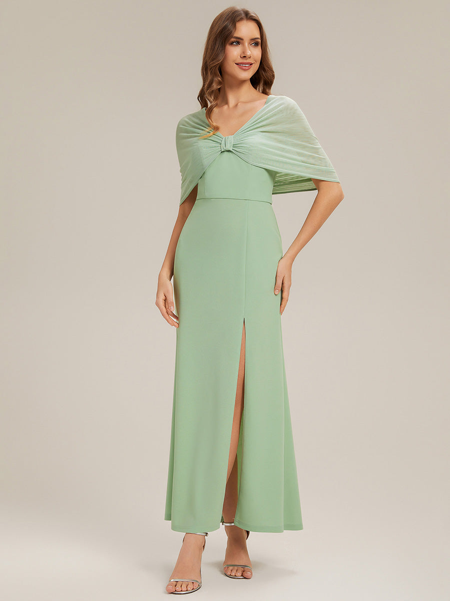 Color=Mint Green | Bulk Order Short Sleeve High Stretch Sheath Strapless Floor Length Dress with Slit & Bowknot Bridesmaid Dresses-Mint Green 6