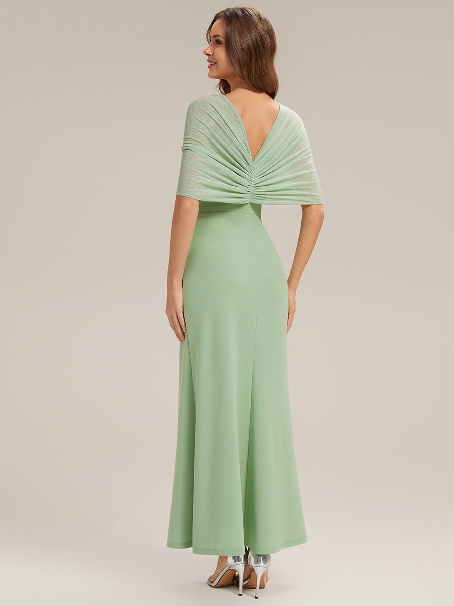Color=Mint Green | Bulk Order Short Sleeve High Stretch Sheath Strapless Floor Length Dress with Slit & Bowknot Bridesmaid Dresses-Mint Green 7