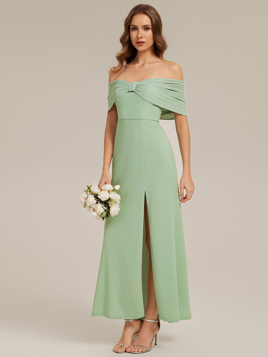 Color=Mint Green | Bulk Order Short Sleeve High Stretch Sheath Strapless Floor Length Dress with Slit & Bowknot Bridesmaid Dresses-Mint Green 9