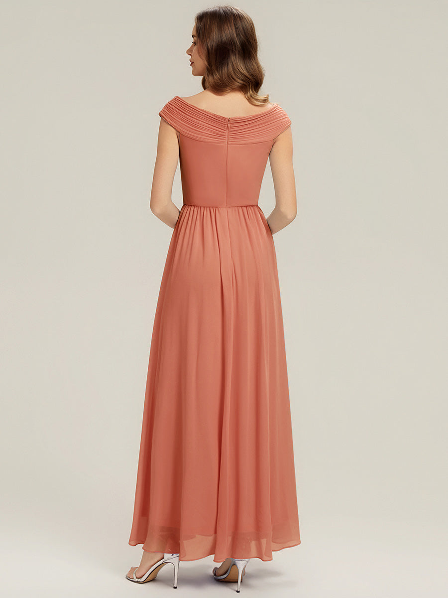 Color=Coral Pink | Commercial Wholesale Sleeveless Off Shoulder Deep V-Neck Pleated A-Line Floor Length Bridesmaid Dresses-Coral Pink 2