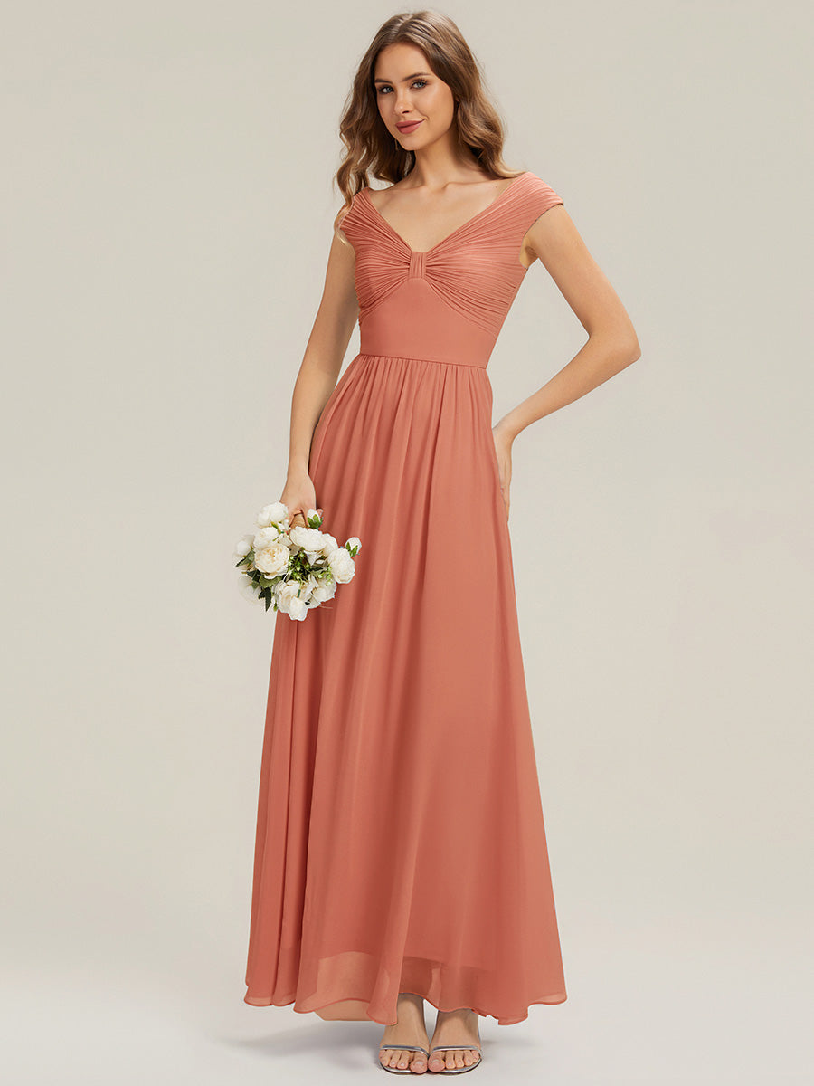 Color=Coral Pink | Commercial Wholesale Sleeveless Off Shoulder Deep V-Neck Pleated A-Line Floor Length Bridesmaid Dresses-Coral Pink 4