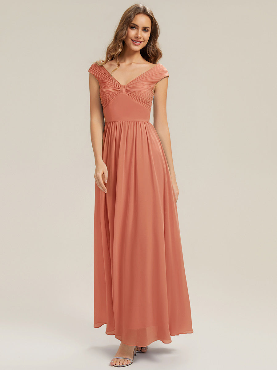 Color=Coral Pink | Commercial Wholesale Sleeveless Off Shoulder Deep V-Neck Pleated A-Line Floor Length Bridesmaid Dresses-Coral Pink 5