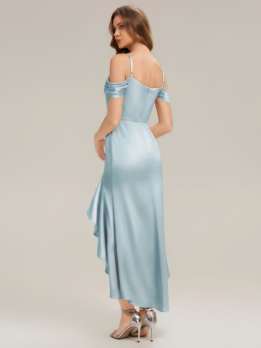 Color=Ice Blue | B2B-Exclusive Short Sleeve Cowl Neck Fishtail High-Low Bridesmaid Dresses-Ice Blue 7