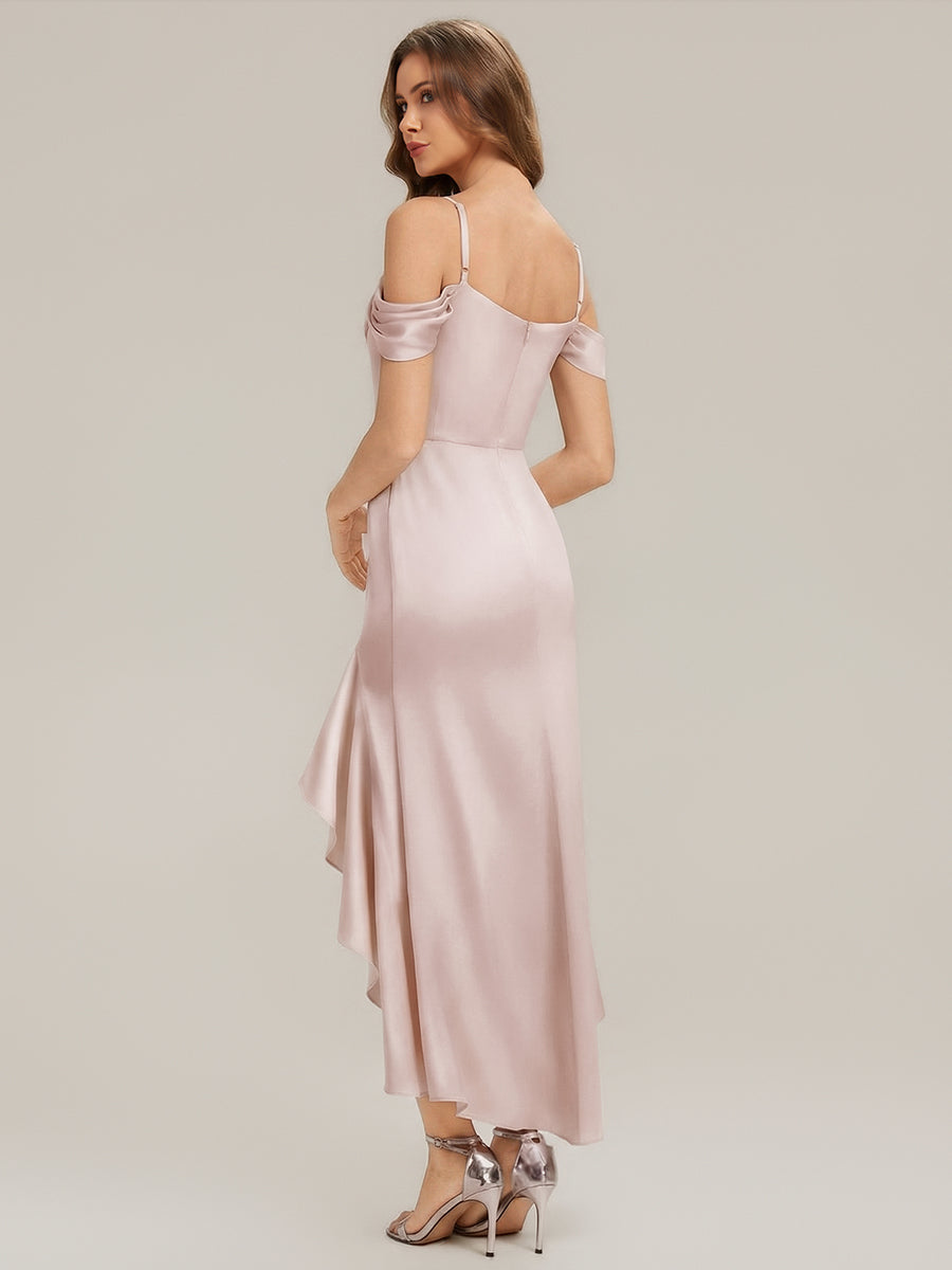 Color=Pink | B2B-Exclusive Short Sleeve Cowl Neck Fishtail High-Low Bridesmaid Dresses-Pink 12