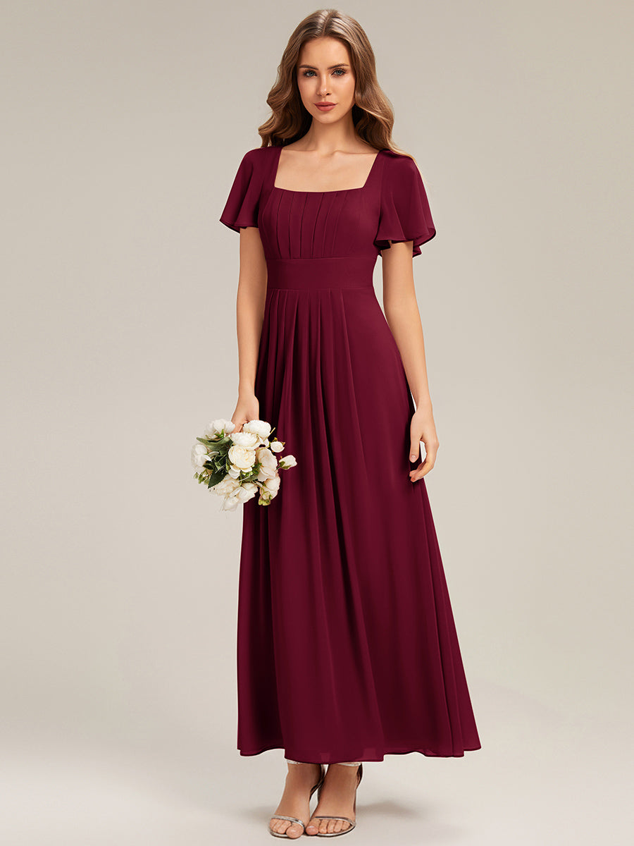 Color=Burgundy | Fast Delivery Short Sleeve Ruffle Backless Ruched A-Line Floor Length Bridesmaid Dresses-Burgundy 4