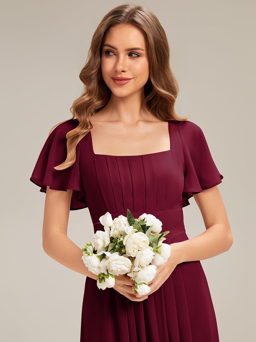 Color=Burgundy | Fast Delivery Short Sleeve Ruffle Backless Ruched A-Line Floor Length Bridesmaid Dresses-Burgundy 3