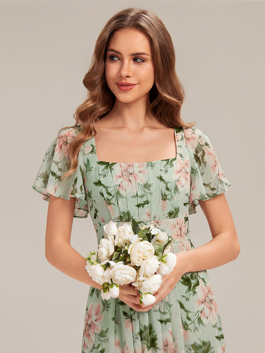 Color=Light Green Floral | Fast Delivery Short Sleeve Ruffle Backless Ruched A-Line Floor Length Bridesmaid Dresses-Light Green Floral 5