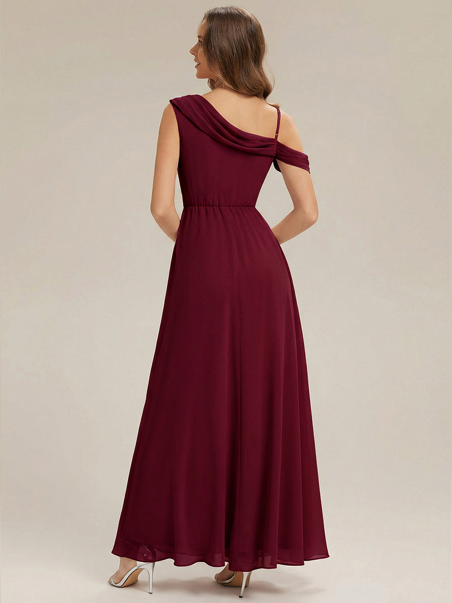 Color=Burgundy | Fast Delivery Short Sleeve Asymmetrical A-Line Floor Length Rhinestone Bridesmaid Dresses-Burgundy 2