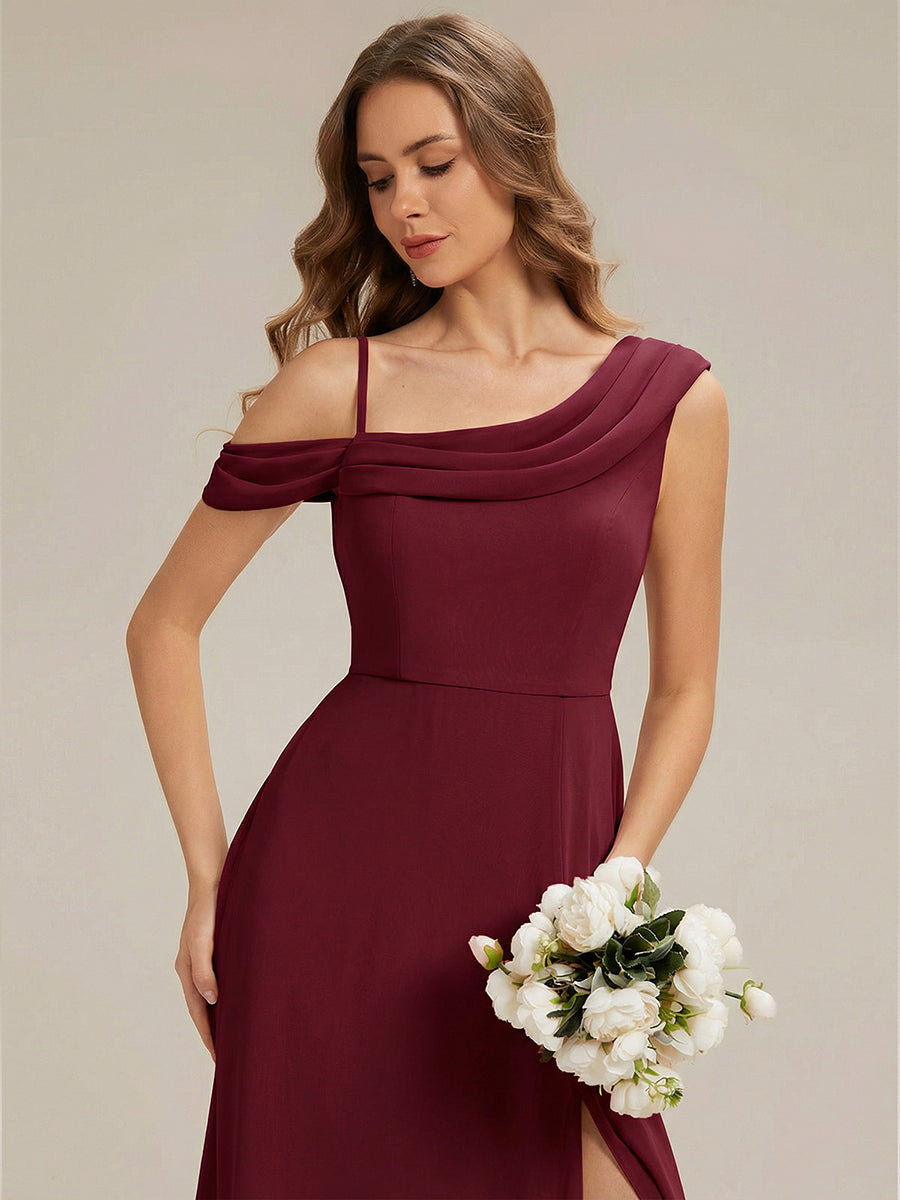 Color=Burgundy | Fast Delivery Short Sleeve Asymmetrical A-Line Floor Length Rhinestone Bridesmaid Dresses-Burgundy 3