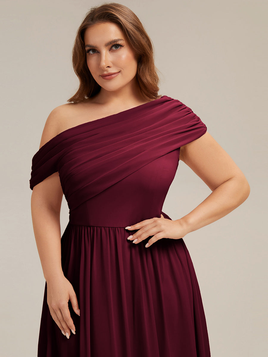 Color=Burgundy | Wholesale Asymmetrical Off Shoulder Gathered A-Line Floor Length Bridesmaid Dresses-Burgundy 8