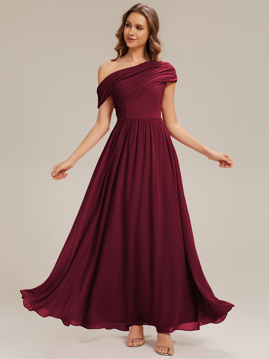 Color=Burgundy | Wholesale Asymmetrical Off Shoulder Gathered A-Line Floor Length Bridesmaid Dresses-Burgundy 1