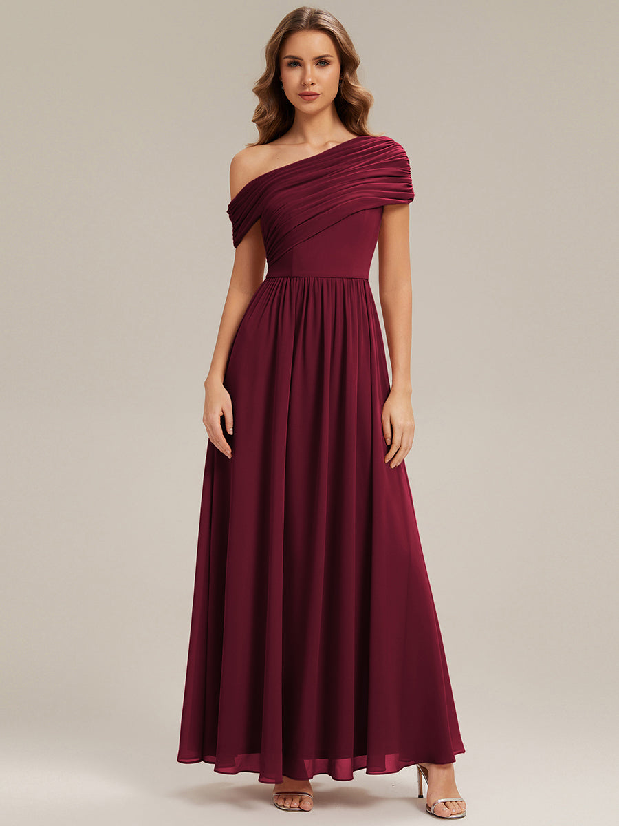 Color=Burgundy | Wholesale Asymmetrical Off Shoulder Gathered A-Line Floor Length Bridesmaid Dresses-Burgundy 4