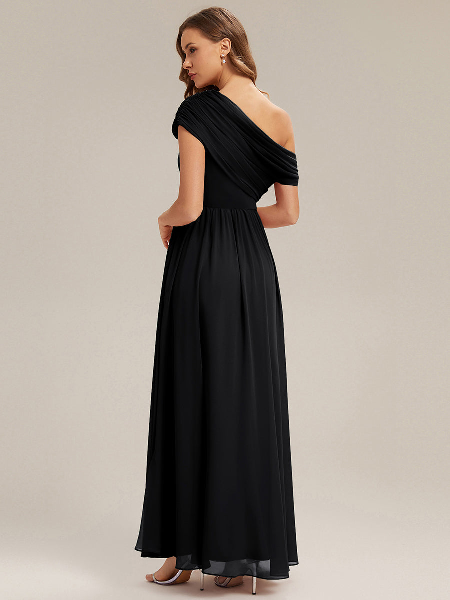 Color=Black | Wholesale Strapless Asymmetrical A-Line Gathered Floor Length Bridesmaid Dresses-Black 2