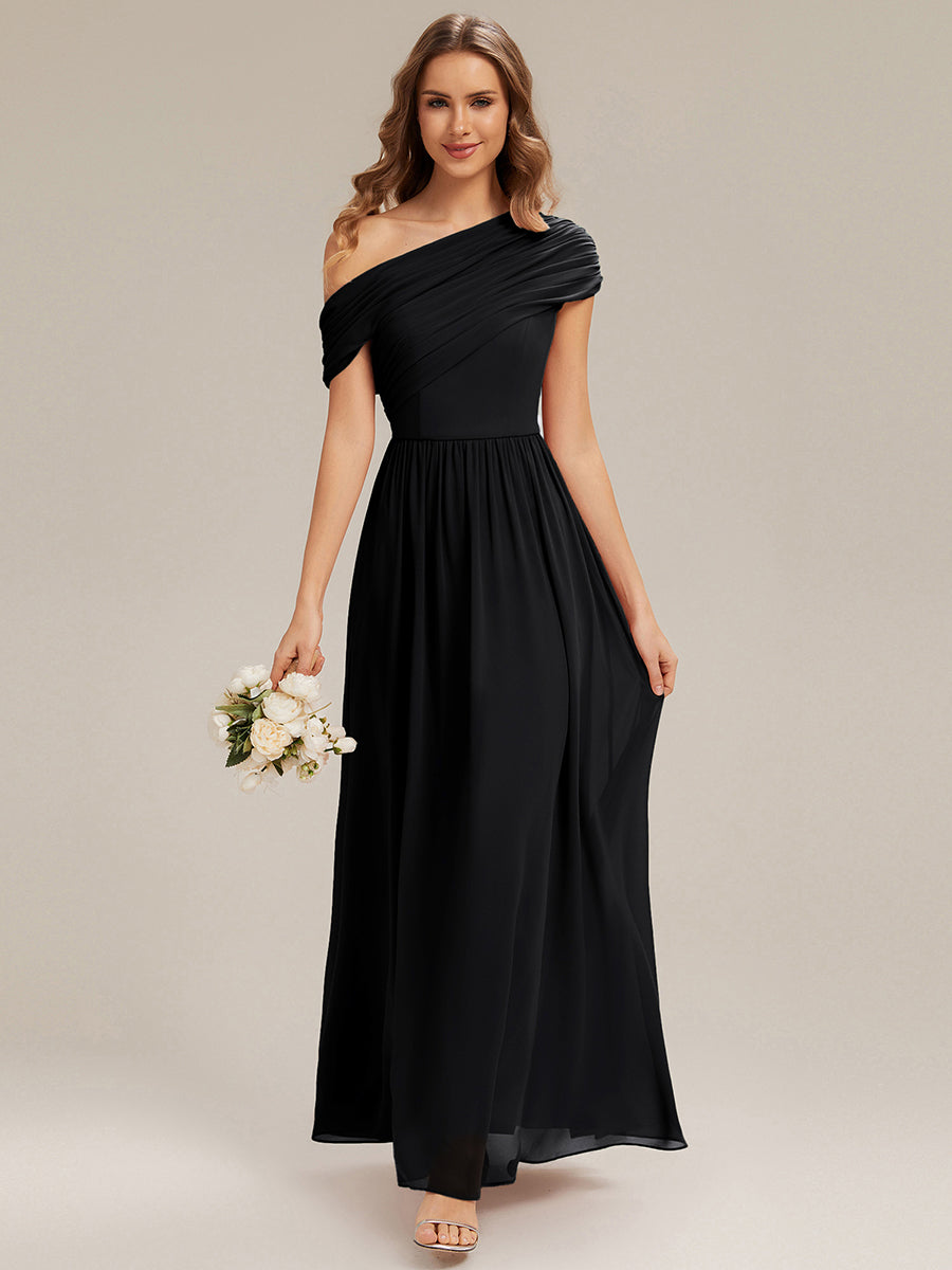 Color=Black | Wholesale Strapless Asymmetrical A-Line Gathered Floor Length Bridesmaid Dresses-Black 4