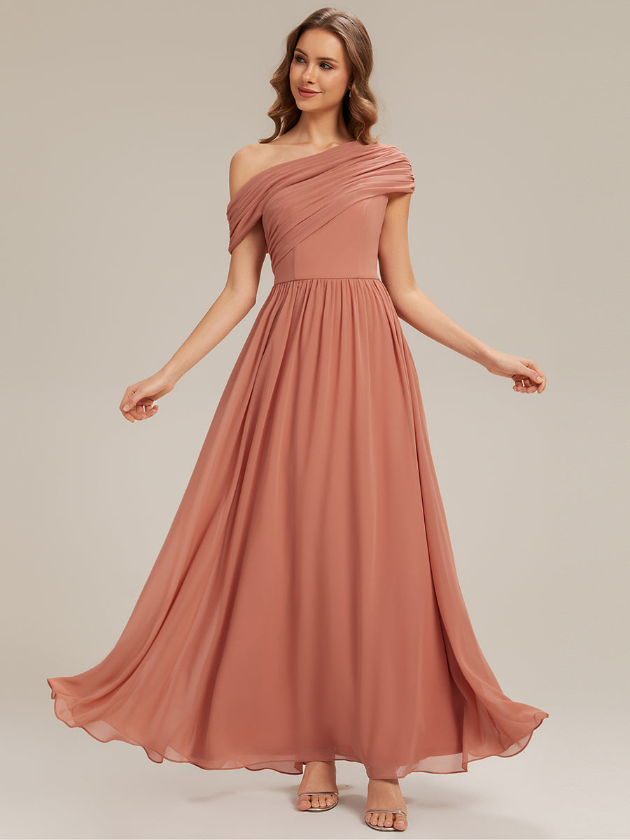 Color=Coral Pink | Wholesale Strapless Asymmetrical A-Line Gathered Floor Length Bridesmaid Dresses-Coral Pink 1