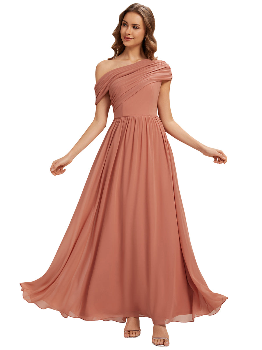 Color=Coral Pink | Wholesale Strapless Asymmetrical A-Line Gathered Floor Length Bridesmaid Dresses-Coral Pink 2
