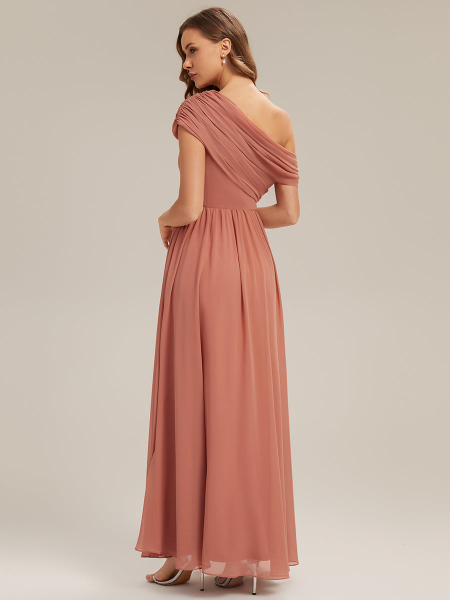 Color=Coral Pink | Wholesale Strapless Asymmetrical A-Line Gathered Floor Length Bridesmaid Dresses-Coral Pink 3