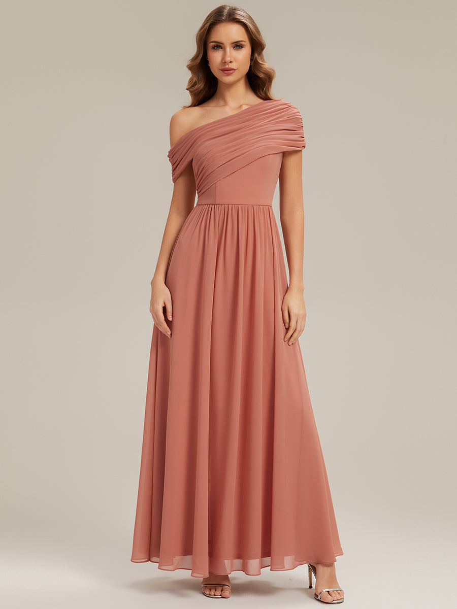 Color=Coral Pink | Wholesale Strapless Asymmetrical A-Line Gathered Floor Length Bridesmaid Dresses-Coral Pink 4