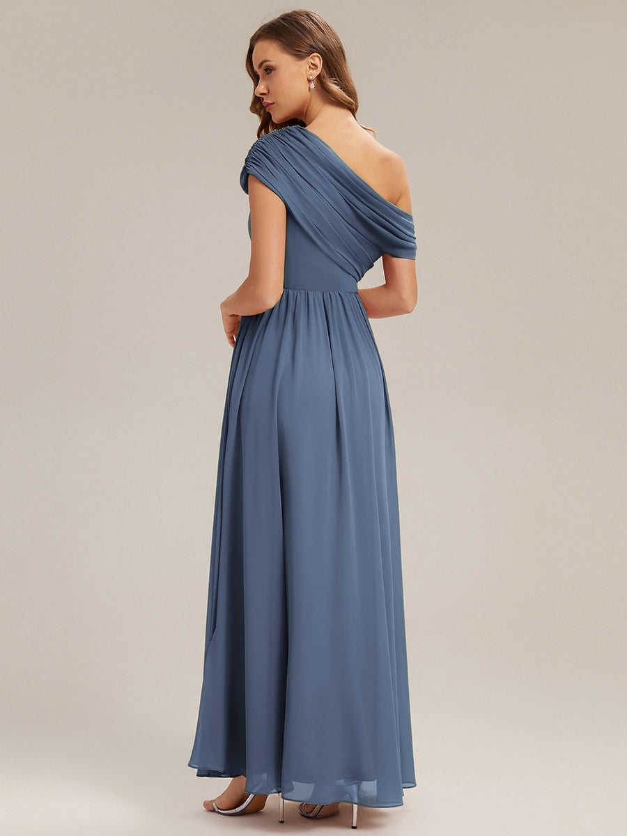 Color=Dusty blue | Wholesale Strapless Asymmetrical A-Line Gathered Floor Length Bridesmaid Dresses-Dusty blue 2