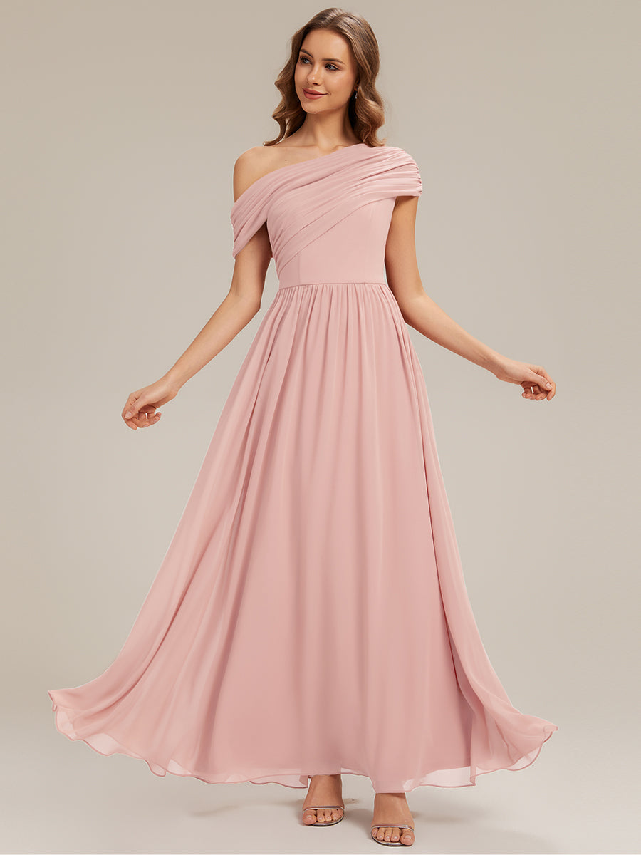 Color=Pink | Wholesale Asymmetrical Off Shoulder Gathered A-Line Floor Length Bridesmaid Dresses-Pink 21