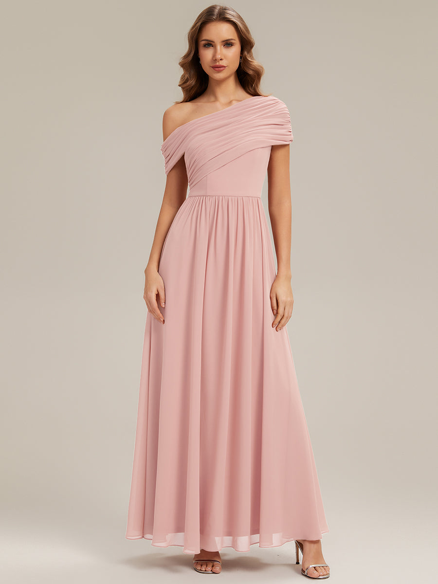 Color=Pink | Wholesale Asymmetrical Off Shoulder Gathered A-Line Floor Length Bridesmaid Dresses-Pink 24