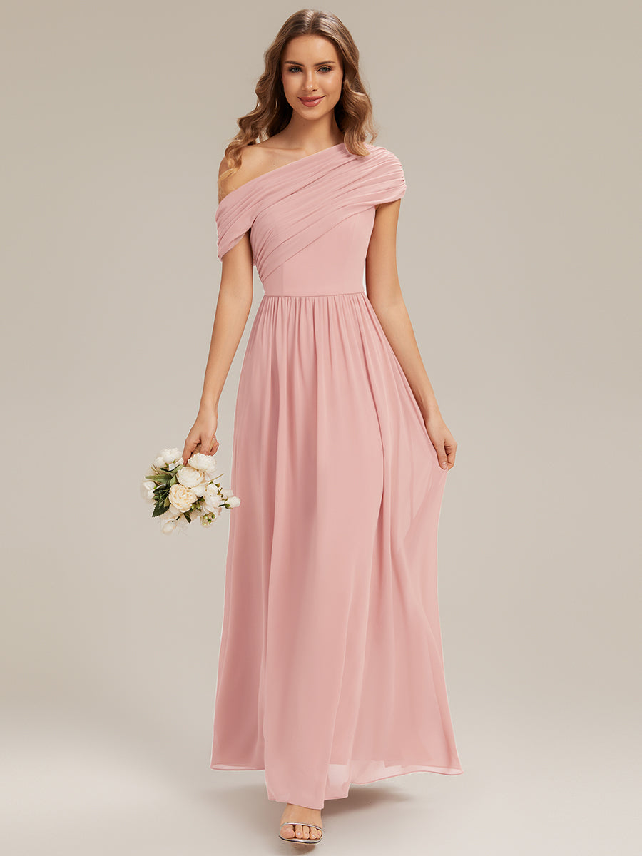Color=Pink | Wholesale Asymmetrical Off Shoulder Gathered A-Line Floor Length Bridesmaid Dresses-Pink 25