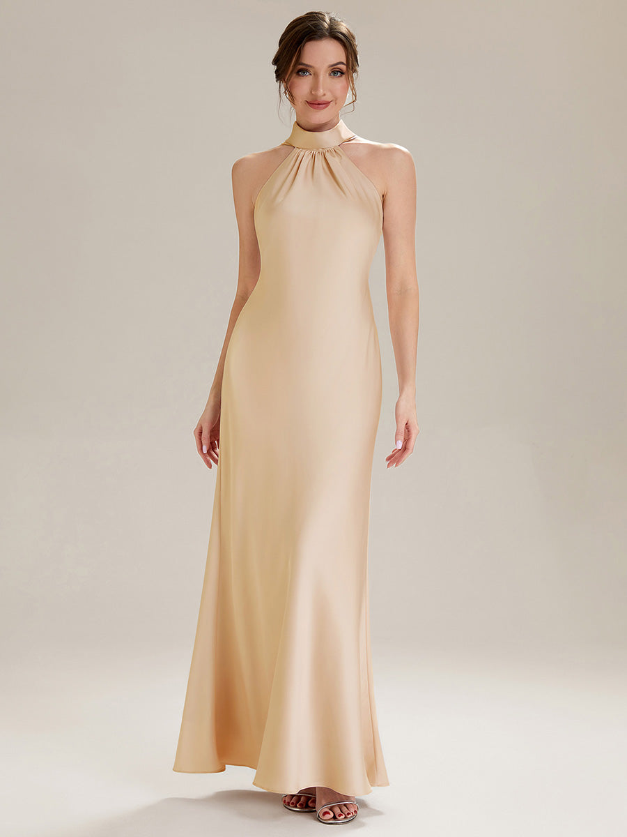 Color=Champagne | Wholesale Pricing Sleeveless Halter Neck Fishtail Floor Length Dress with Thigh-High Slit, Bridesmaid Dresses-Champagne 1